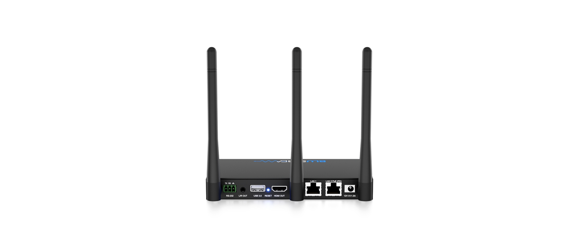 Detail zadních konektorů Blustream WMF51 s připojeným HDMI a síťovým kabelem