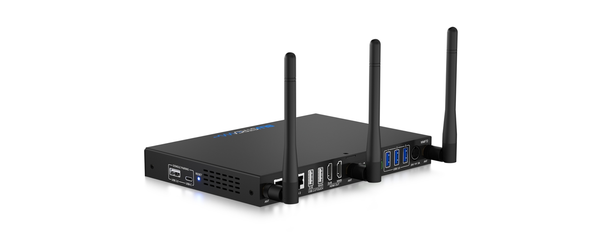 Blustream WMF72 zezadu se dvěma HDMI výstupy, konektory USB-C, USB-A, Ethernet a anténními porty