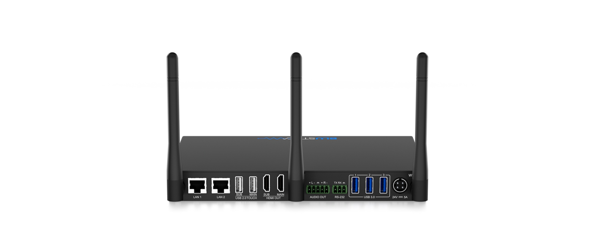 Detail zadních konektorů Blustream WMF72 se dvěma HDMI výstupy a síťovým kabelem