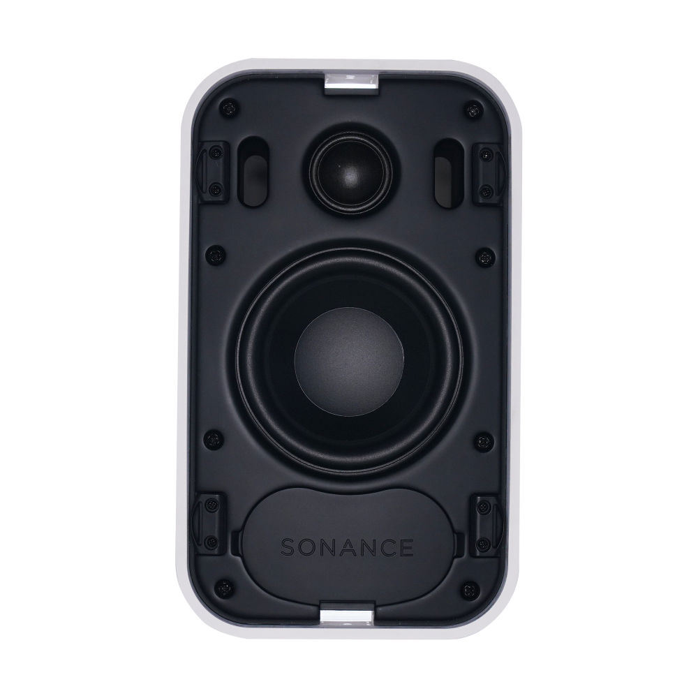 Sonance PS-S43T Mk II v bílém provedení se sejmutou mřížkou, viditelný basový a výškový měnič