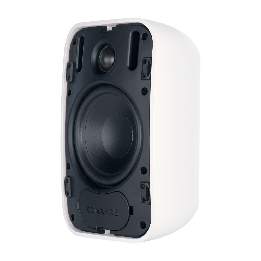 Bílý reproduktor Sonance PS-S53T Mk II bez mřížky, viditelný basový měnič a výškový měnič v komoře