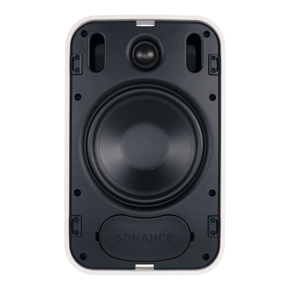 Čelní detail Sonance PS-S63T Mk II se sundanou mřížkou, basový měnič a kupolový výškový měnič