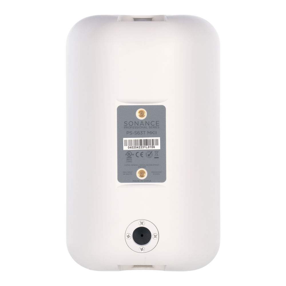 Zadní strana Sonance PS-S63T Mk II se štítkem, údaj maximální příkon 60 W a impedance 8 Ω