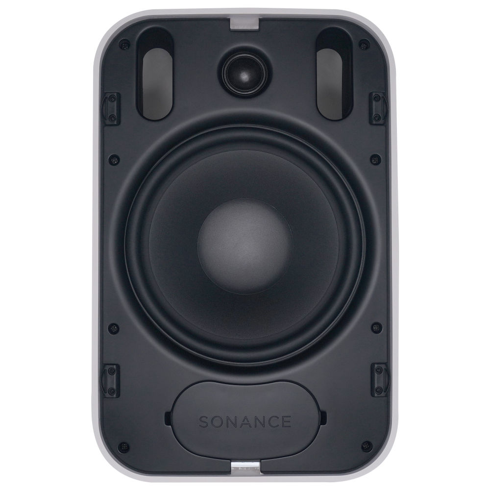 Sonance PS-S83T Mk II v bílém provedení se sejmutou mřížkou — viditelný 203mm basový měnič a komorový výškový měnič