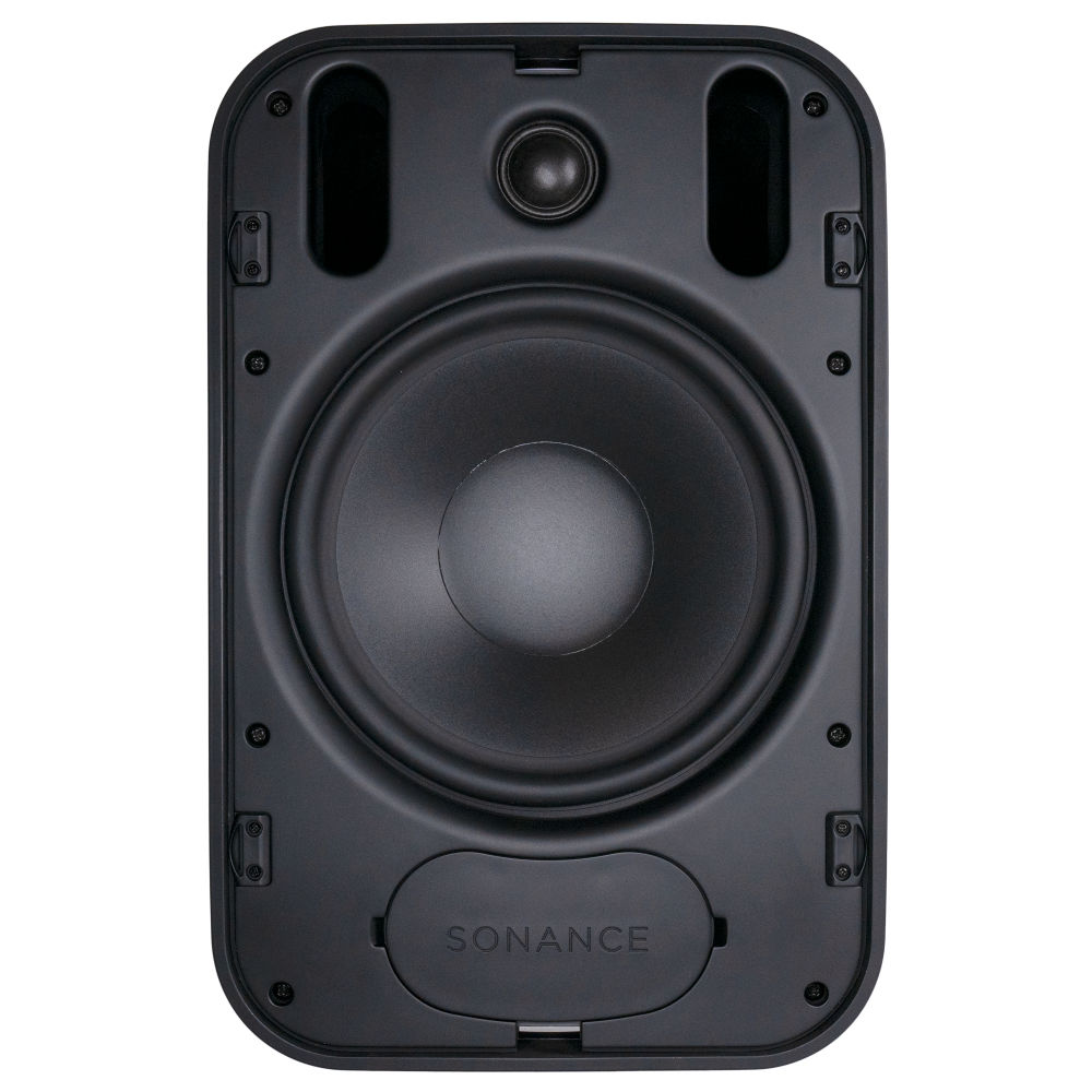 Černý reproduktor Sonance PS-S83WT Mk II bez mřížky, tříčtvrteční pohled — 8palcový měnič a tweeter v černém provedení