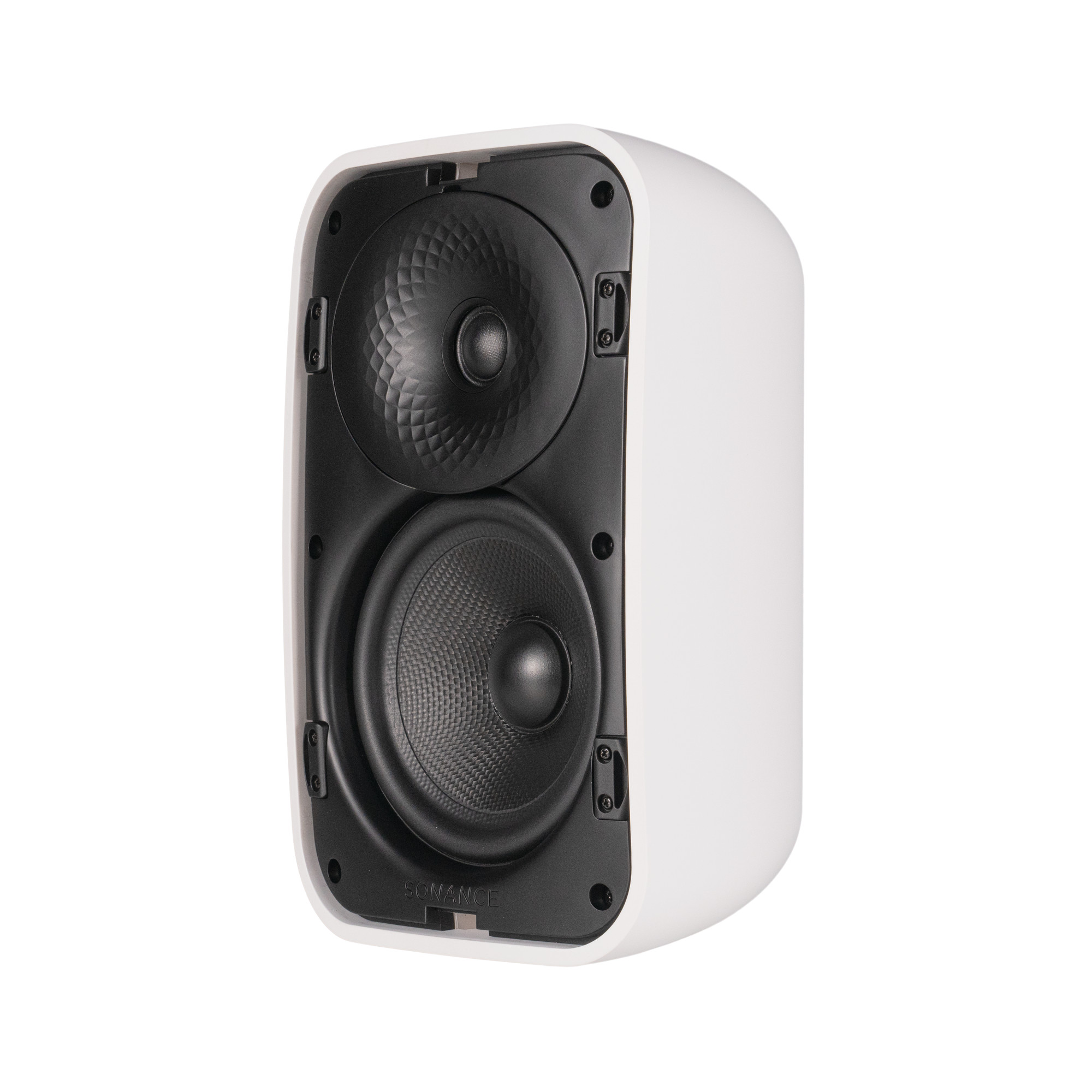 Sonance Mariner MX 52 v bílém provedení z tříčtvrtečního pohledu s odkrytými měniči