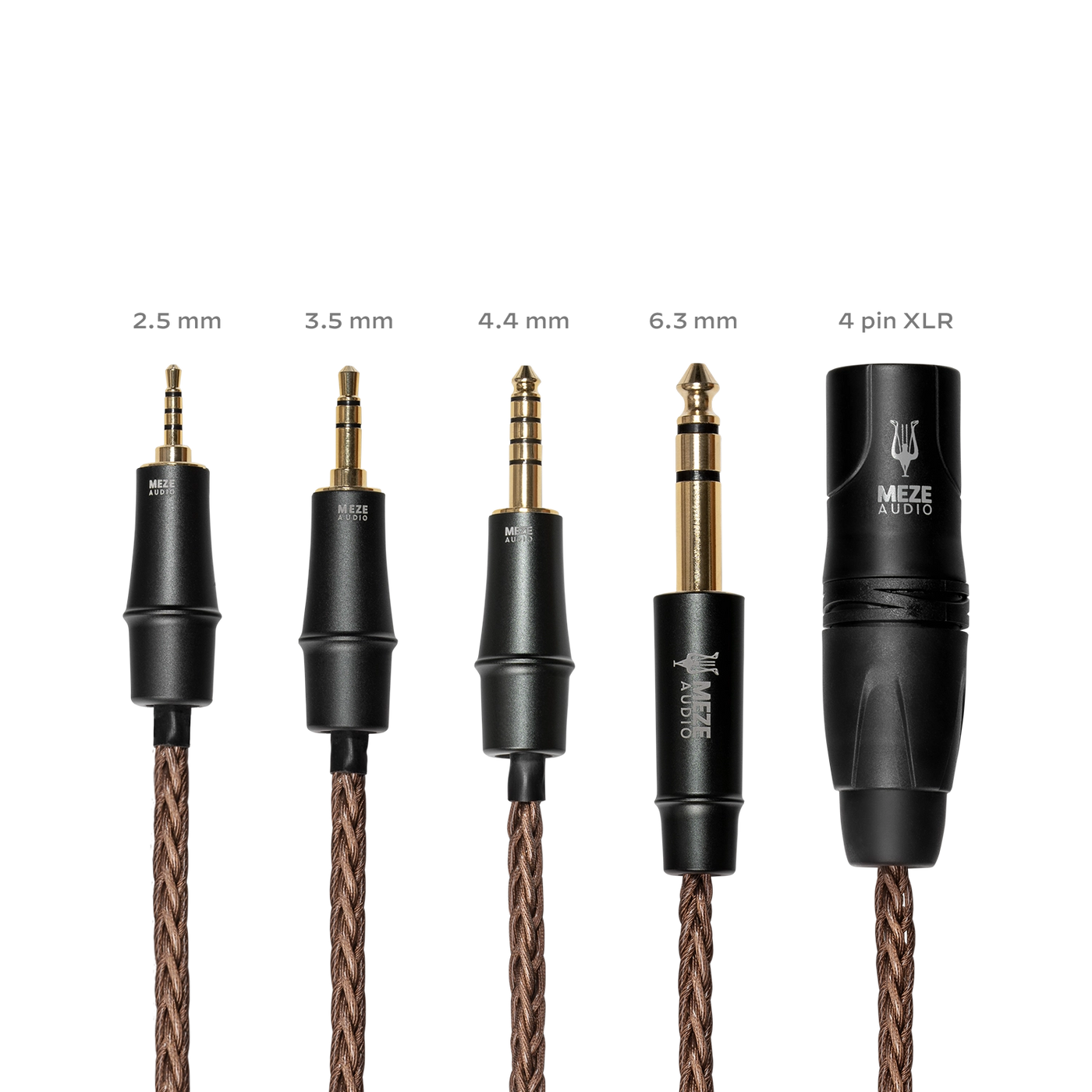 Přehled pěti zakončení měděného kabelu Meze Audio: 2,5 mm, 3,5 mm, 4,4 mm, 6,3 mm a čtyřpinový XLR