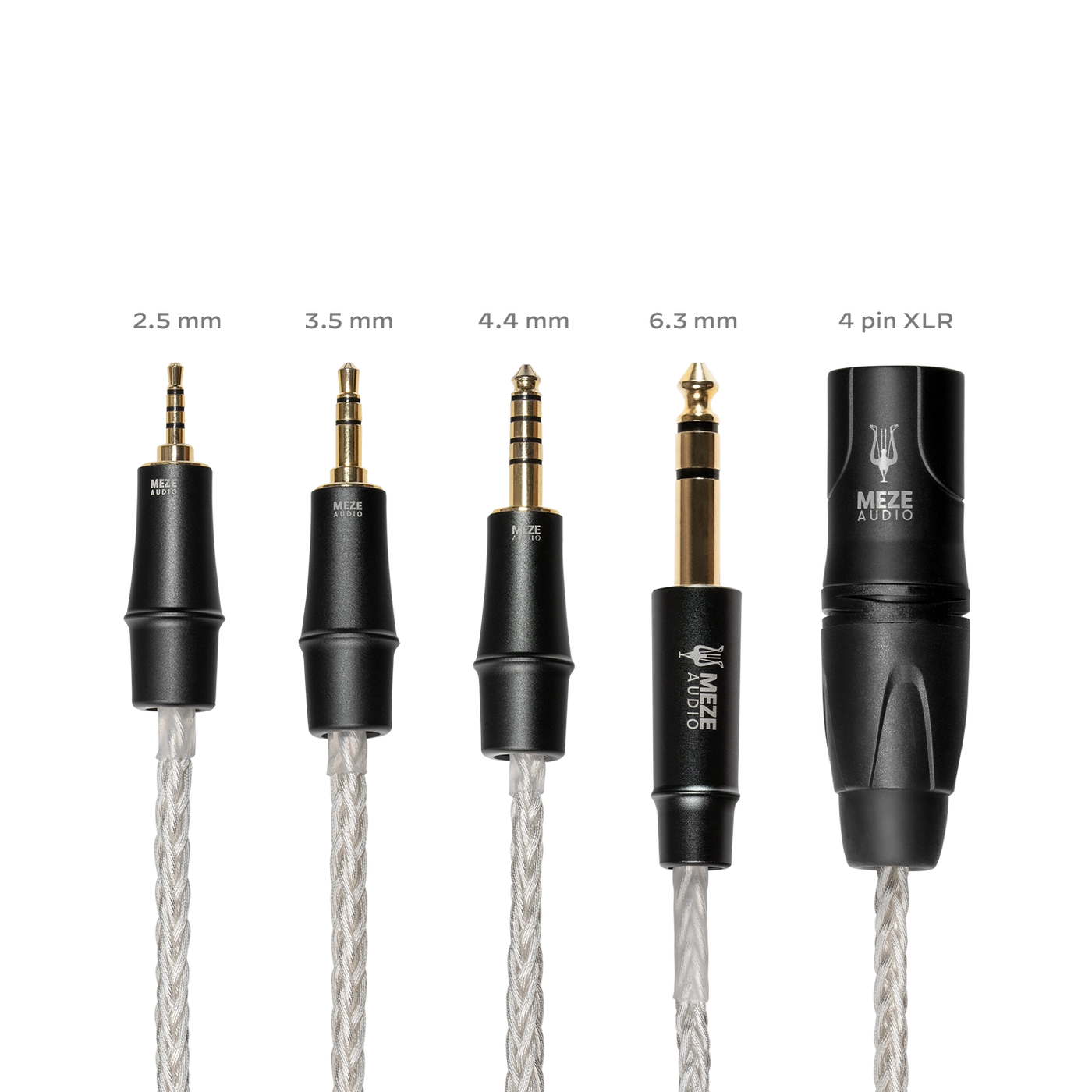 Pět zakončení kabelu Meze Audio Mini XLR Silver-Plated PCUHD Cable: 2,5 mm, 3,5 mm, 4,4 mm, 6,3 mm a 4pinový XLR
