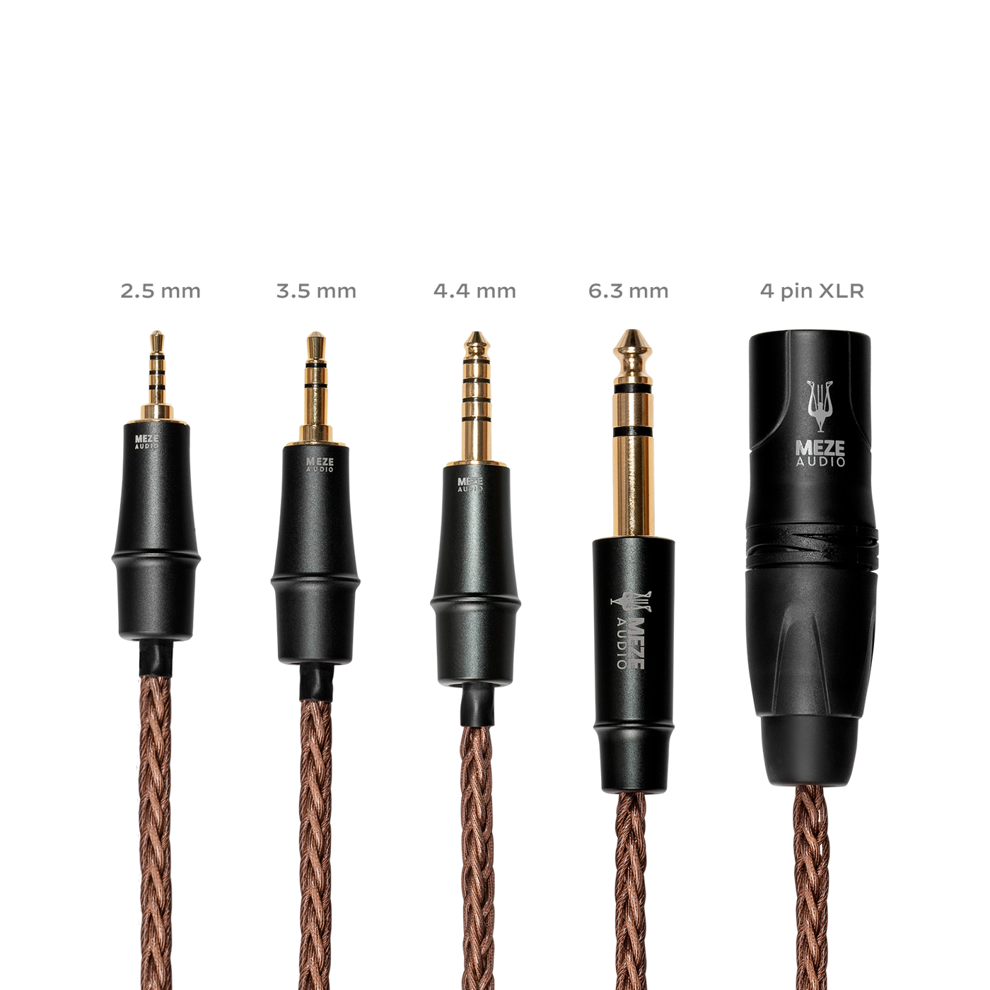 Pět zakončení kabelu Meze Audio Mini XLR Copper PCUHD Cable: 2,5 mm, 3,5 mm, 4,4 mm, 6,3 mm a 4pinový XLR