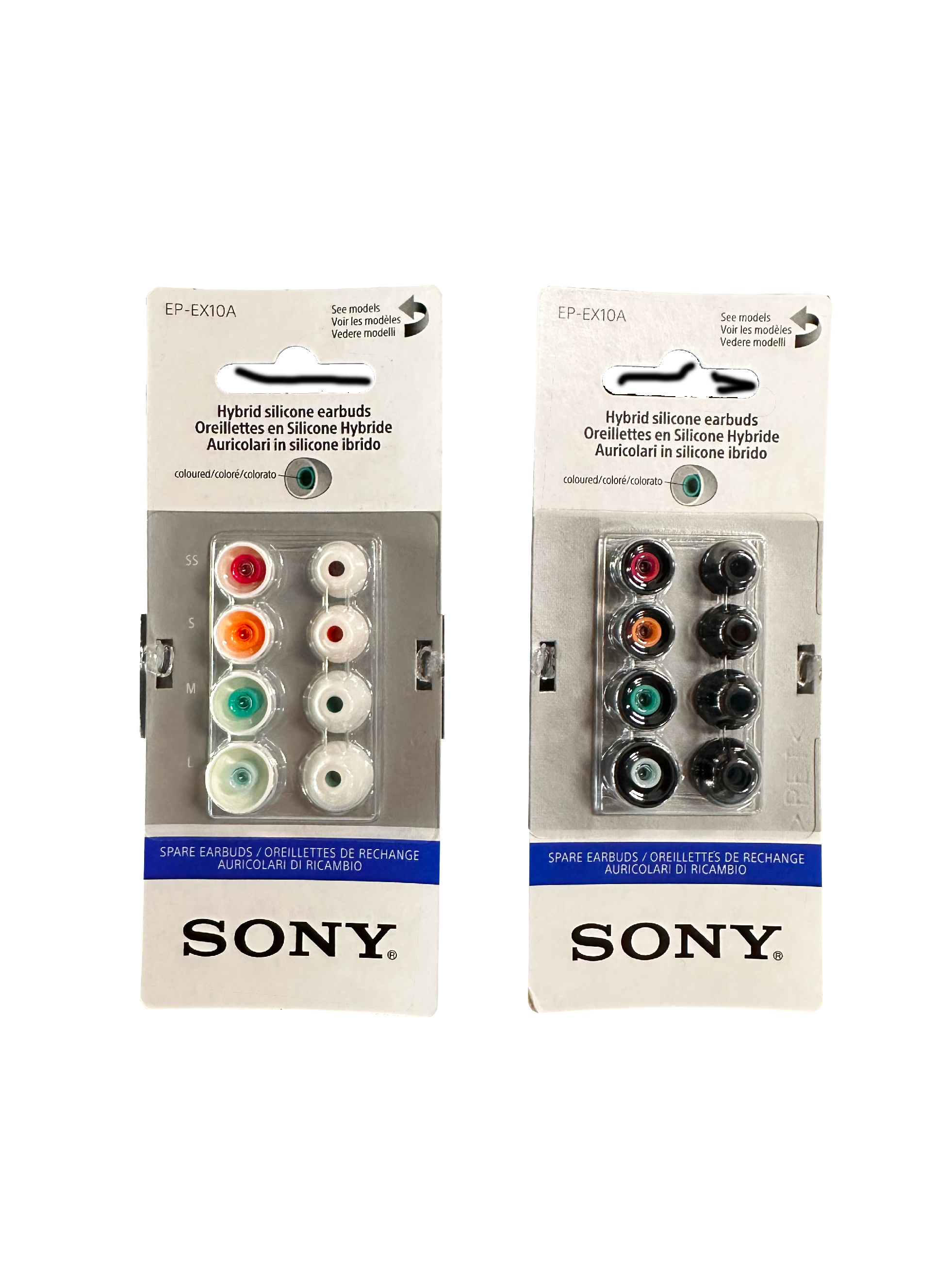 Sada náhradních špuntů Sony EP-EX10A připravená k výměně na sluchátkách