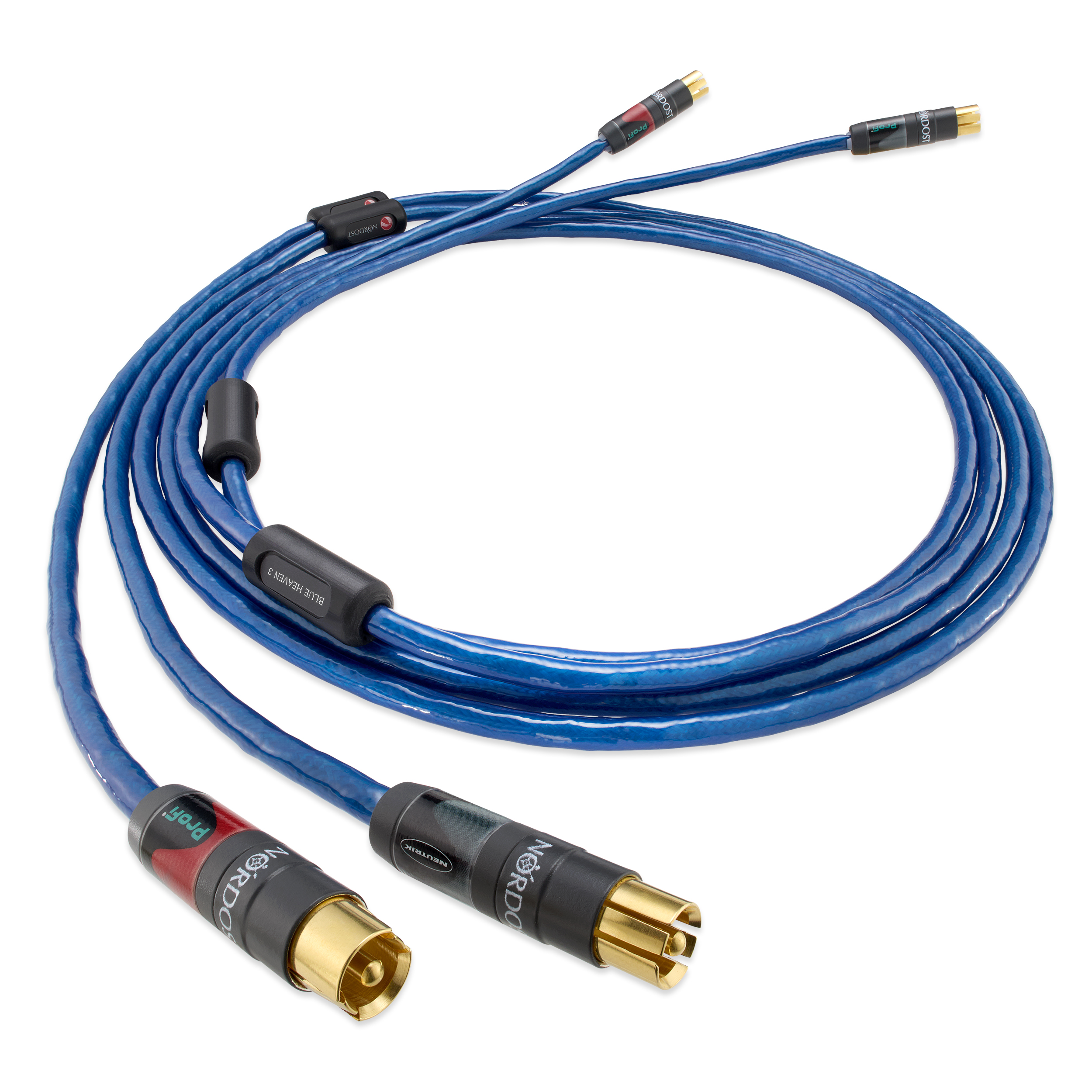 Pár modrých analogových propojovacích kabelů Nordost Blue Heaven 3 s pozlacenými RCA konektory