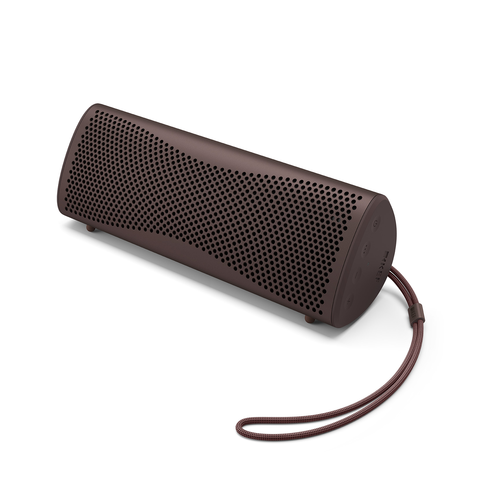 KEF Muo v provedení Cocoa Brown naležato, pohled zepředu na hnědé hliníkové tělo