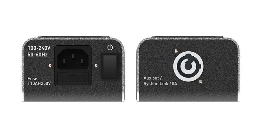 Detail konektorů IsoTek V5 Polaris — vstup IEC pro 100–240 V a 50–60 Hz, hlavní vypínač, pojistka a výstup Aux out / System Link 10A