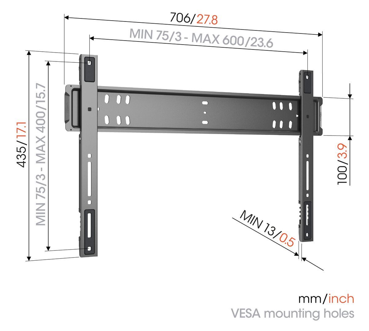 TechnickÃ© schÃ©ma rozmÄrÅ¯ Vogel's TVM 5705 — Å¡Ã­Åka 706 mm, vÃ½Å¡ka 435 mm, vzdÃ¡lenost od stÄny od 13 mm, VESA rozsah 75 aÅ¾ 600 mm na Å¡Ã­Åku a 75 aÅ¾ 400 mm na vÃ½Å¡ku