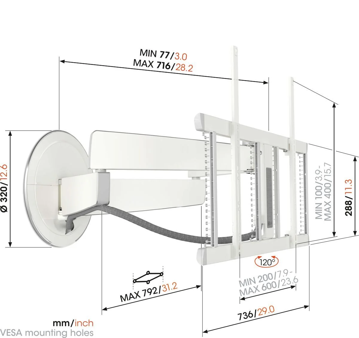Rozměrový diagram Vogel's TVM 7655 s kótami: dosah ramene max 79,2 cm, natáčení 120°, vzdálenost od stěny 7,7–71,6 cm, nástěnná deska Ø32 cm, VESA 200×200 až 600×400 mm
