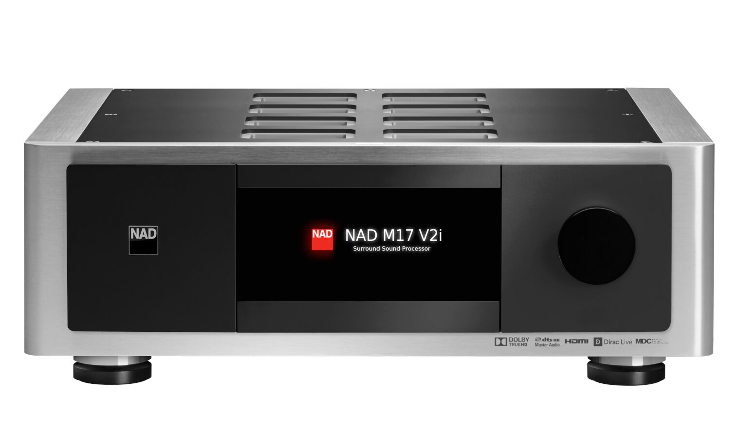 Čelní panel NAD M 17 V2i z broušeného hliníku s dotykovým displejem a logy Dolby TrueHD, DTS-HD Master Audio, HDMI, Dirac Live a MDC