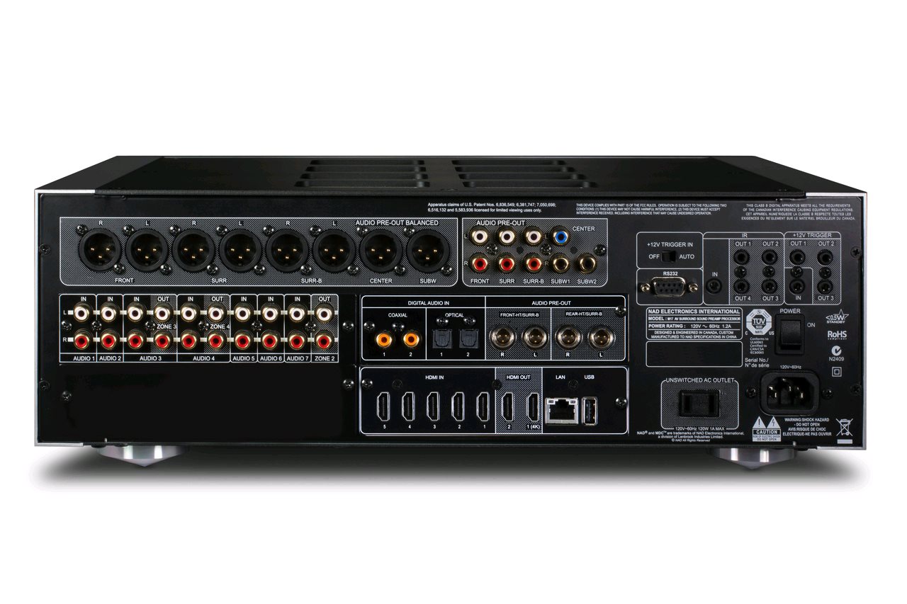 Zadní panel NAD M 17 V2i se symetrickými XLR předvýstupy, RCA výstupy pro zóny, šesti HDMI vstupy a síťovým portem pro BluOS streamer