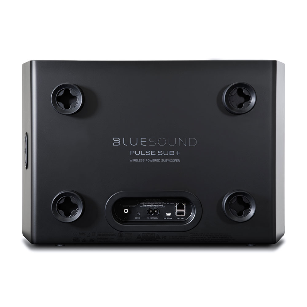 Bluesound PULSE SUB+ — detailní pohled na basový měnič s průměrem 203 mm