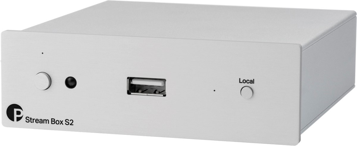 Pro-Ject Stream Box S2 ve stříbrném provedení s hliníkovým čelním panelem, USB vstupem a tlačítkem Local