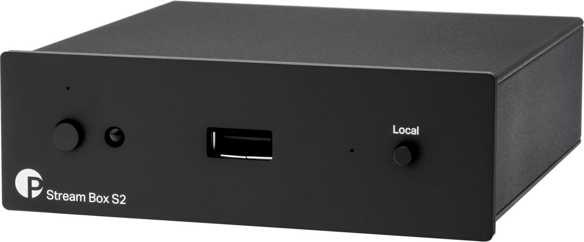 Pro-Ject Stream Box S2 v černém provedení s předním USB vstupem a tlačítkem Local