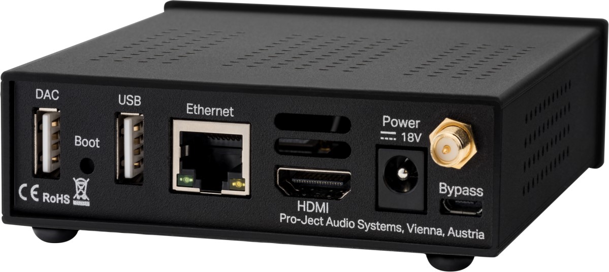 Zadní panel Pro-Ject Stream Box S2 Ultra s výstupem USB A pro DAC, druhým USB vstupem, Ethernetem, výstupem HDMI, napájením 18 V a anténou Wi-Fi