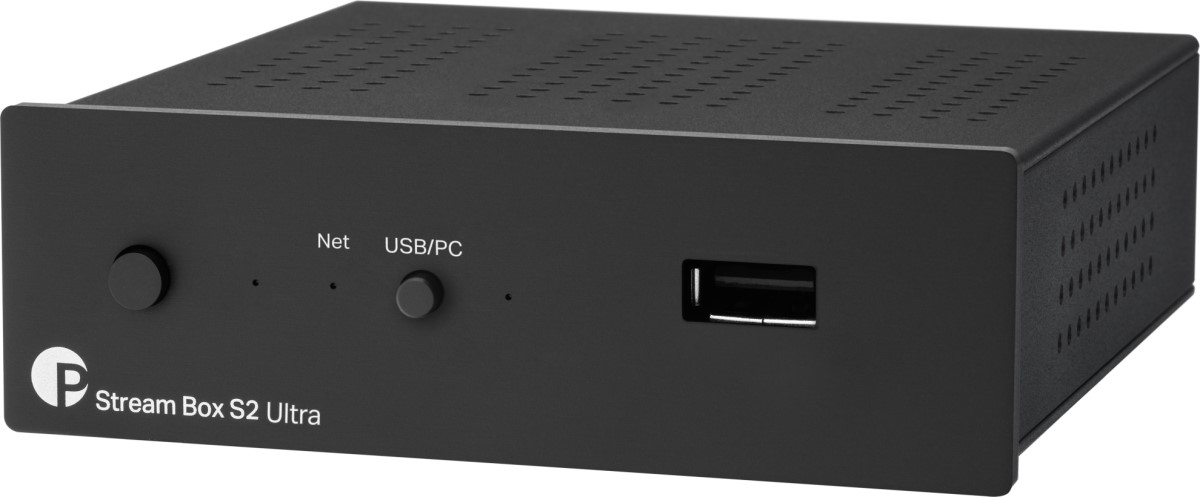 Pro-Ject Stream Box S2 Ultra v černém provedení — čelní panel s tlačítky Net a USB/PC a předním USB vstupem