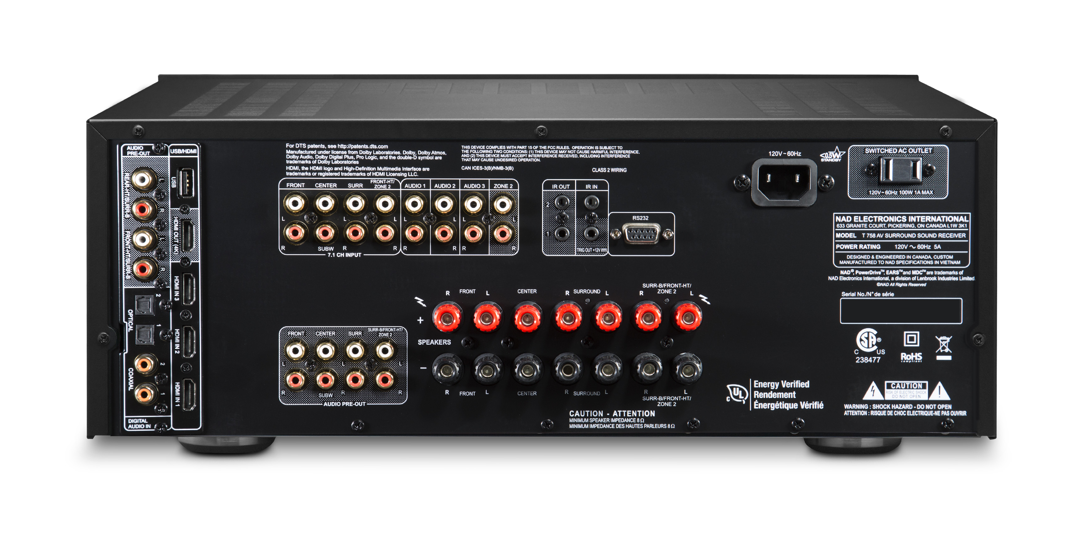 Zadní panel NAD T 758 V3i s konektory HDMI, koaxiálními a optickými digitálními vstupy, diskrétním 7.1 vstupem a reproduktorovými terminály