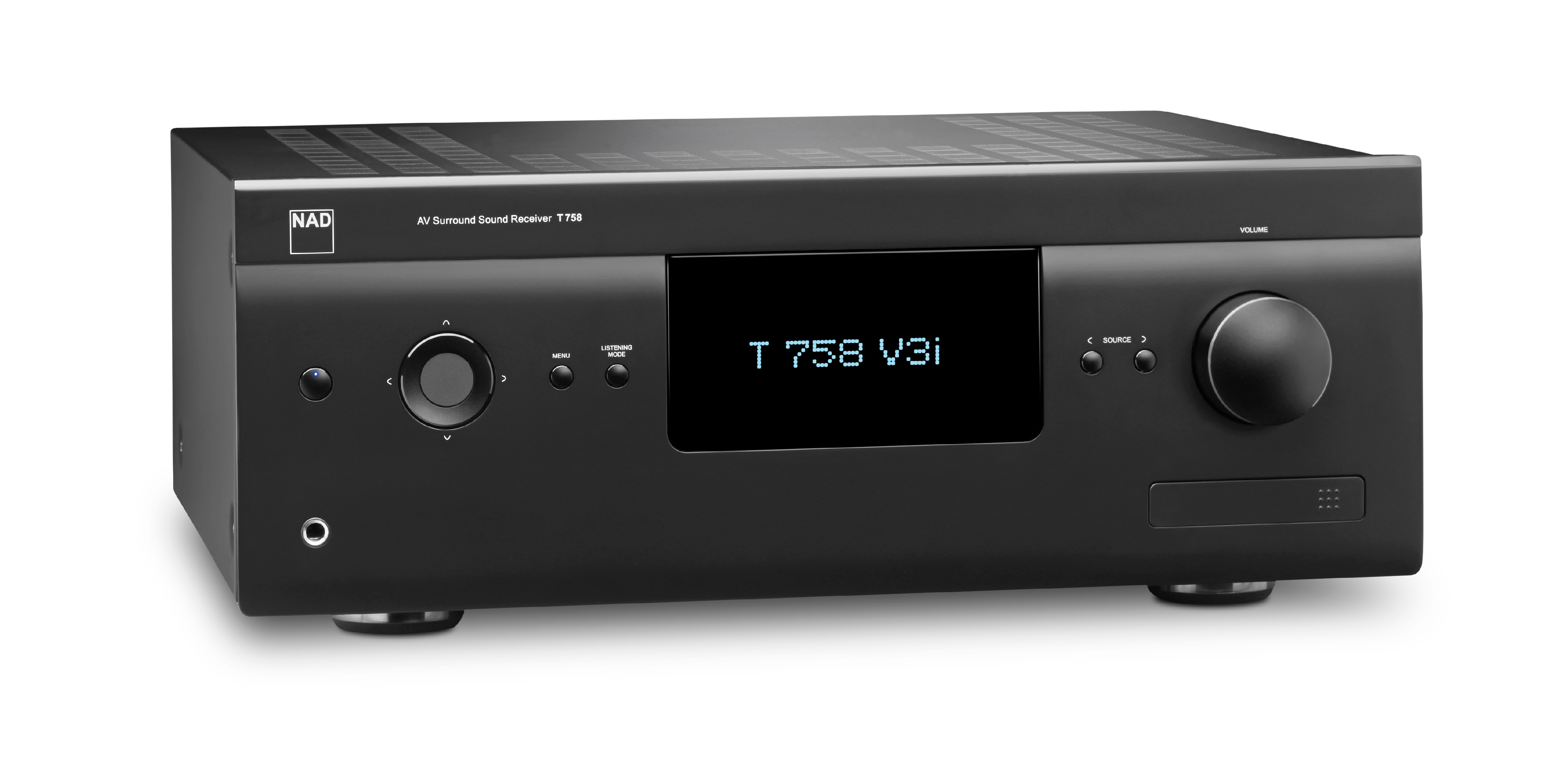 NAD T 758 V3i ze tří čtvrtin v černém provedení s rozsvíceným displejem T 758 V3i