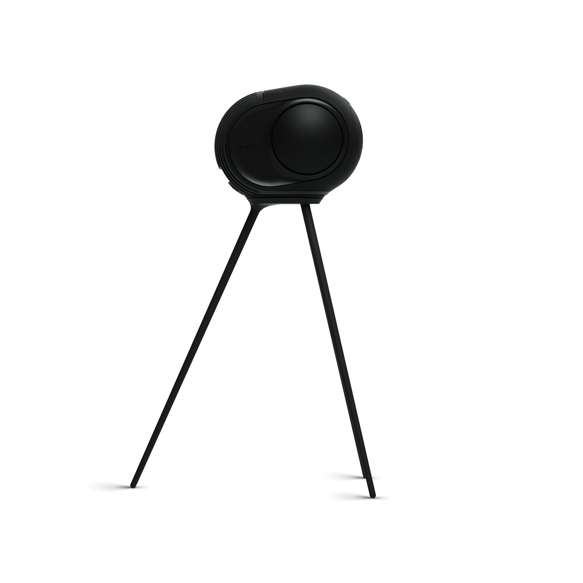 Devialet Phantom II v provedení Iconic White z bočního profilu na bílém tripodu LEGS