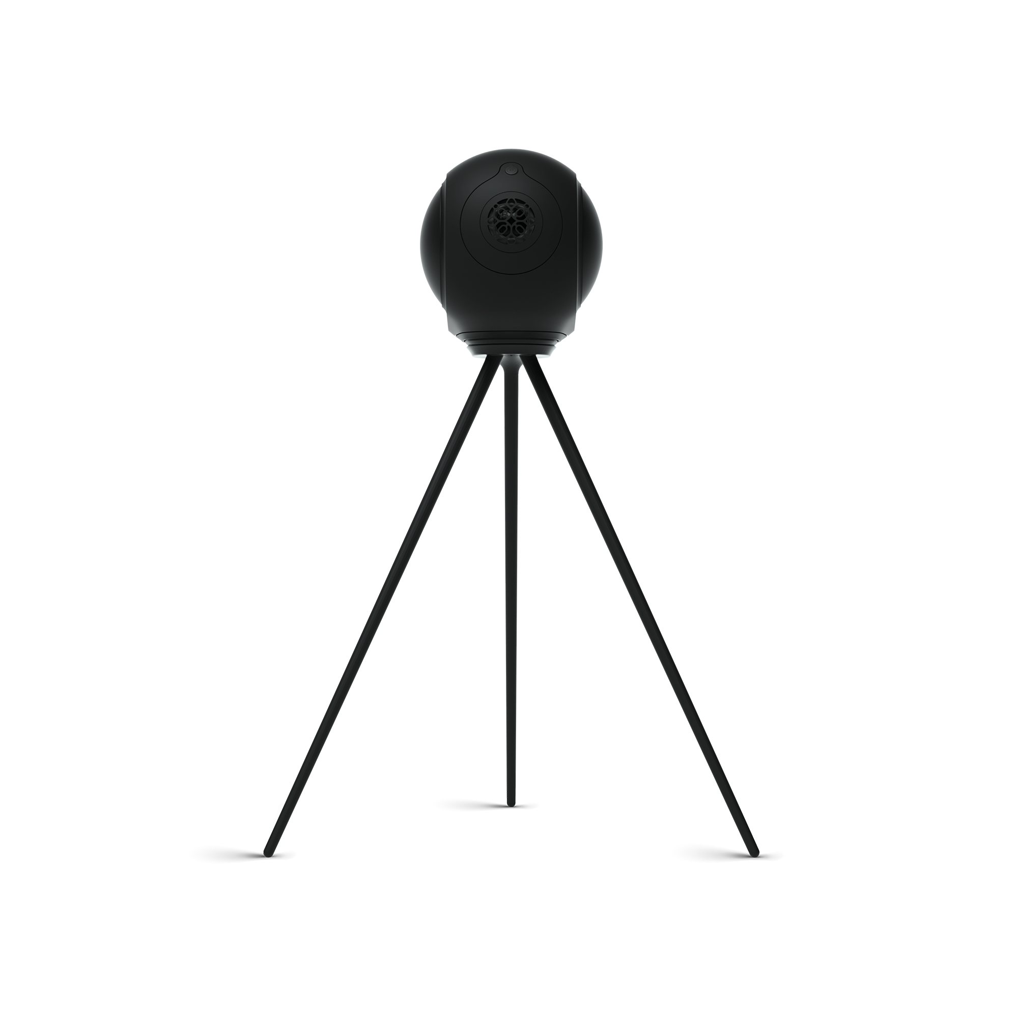 Devialet Phantom II Matte Black zezadu na černém tripodu LEGS s ornamentem ABL radiátoru