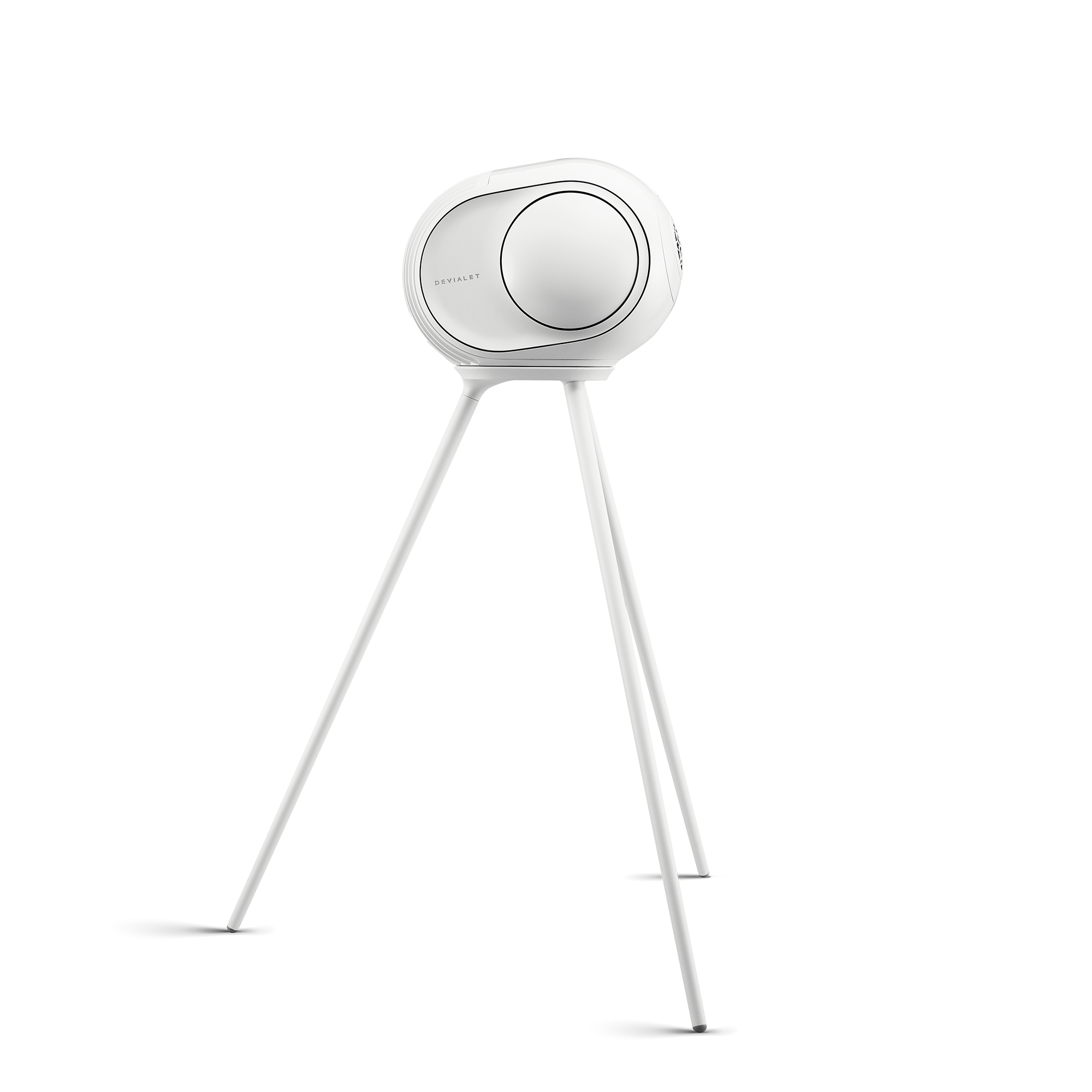 Devialet LEGS tripod s nasazeným Phantom II v provedení Iconic White v plné výšce z profilu