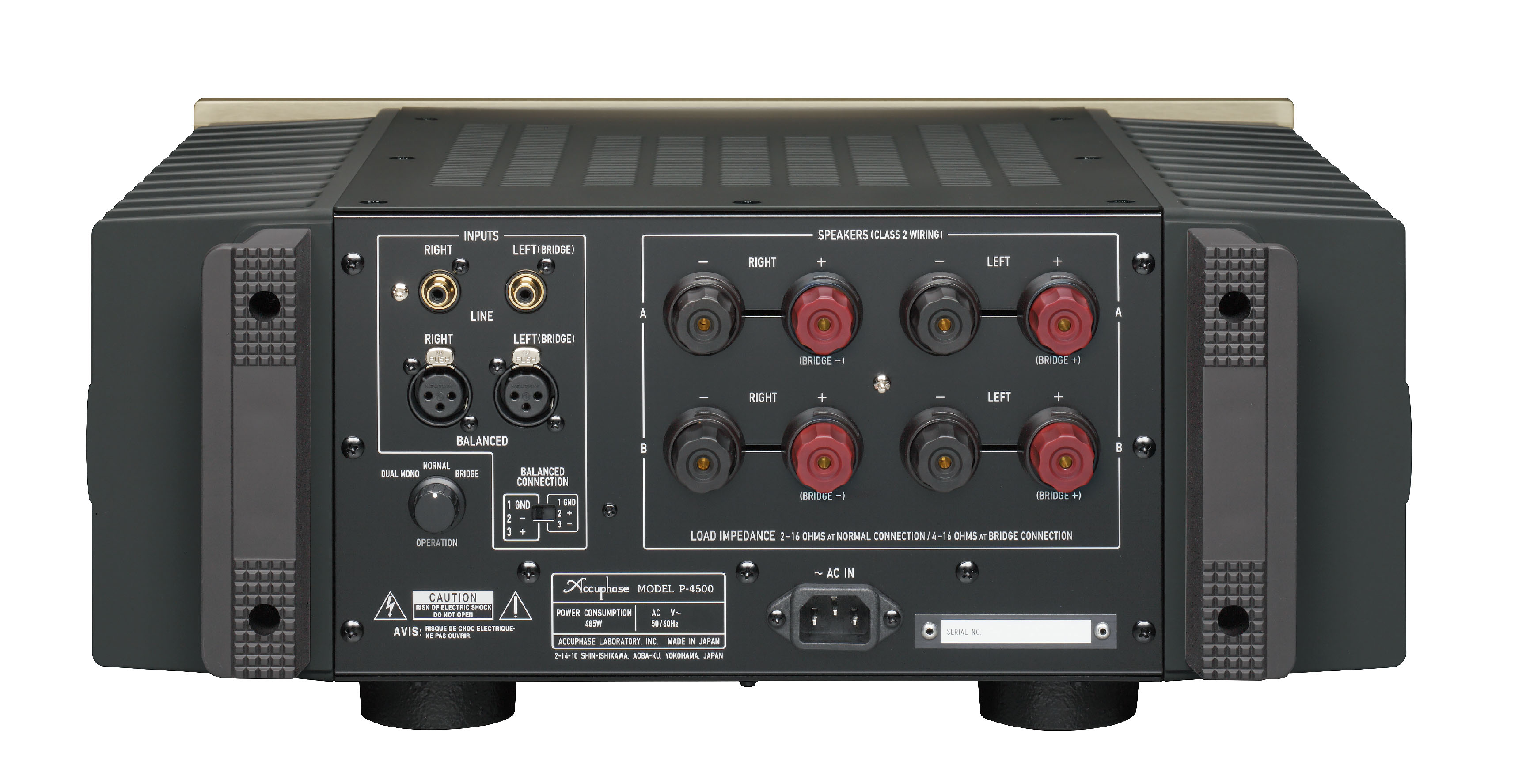 Zadní panel Accuphase P-4500 s vyváženými XLR a linkovými vstupy a reproduktorovými svorkami A a B