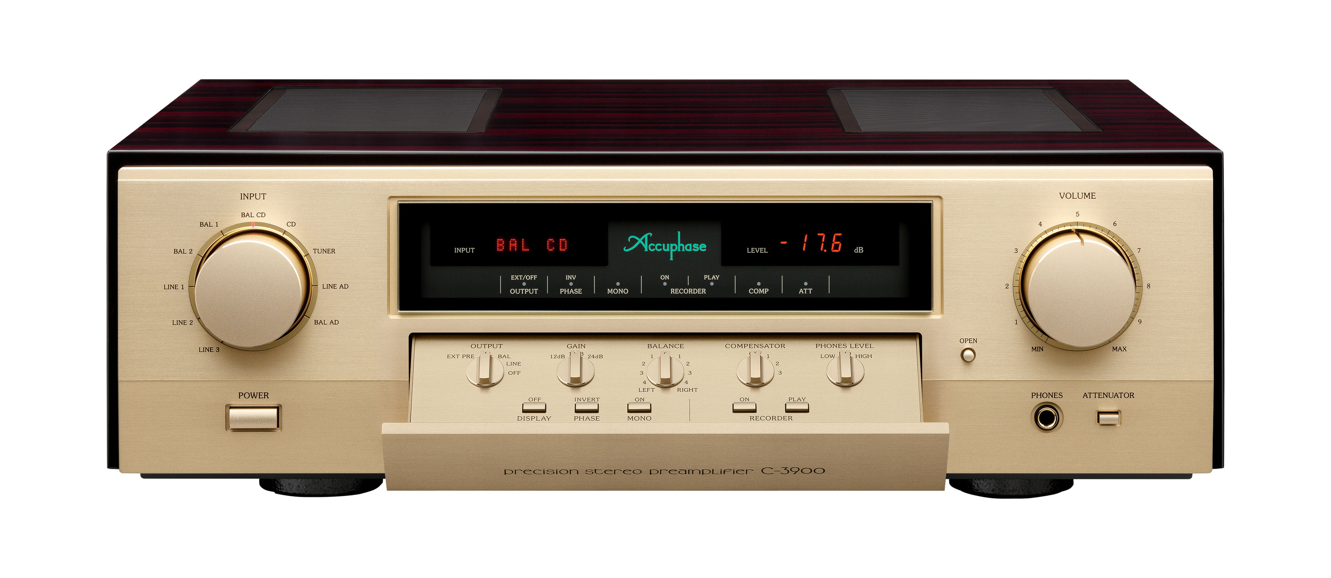 Accuphase C-3900 zepředu s otevřeným subpanelem a odkrytými přesnými ovládacími prvky
