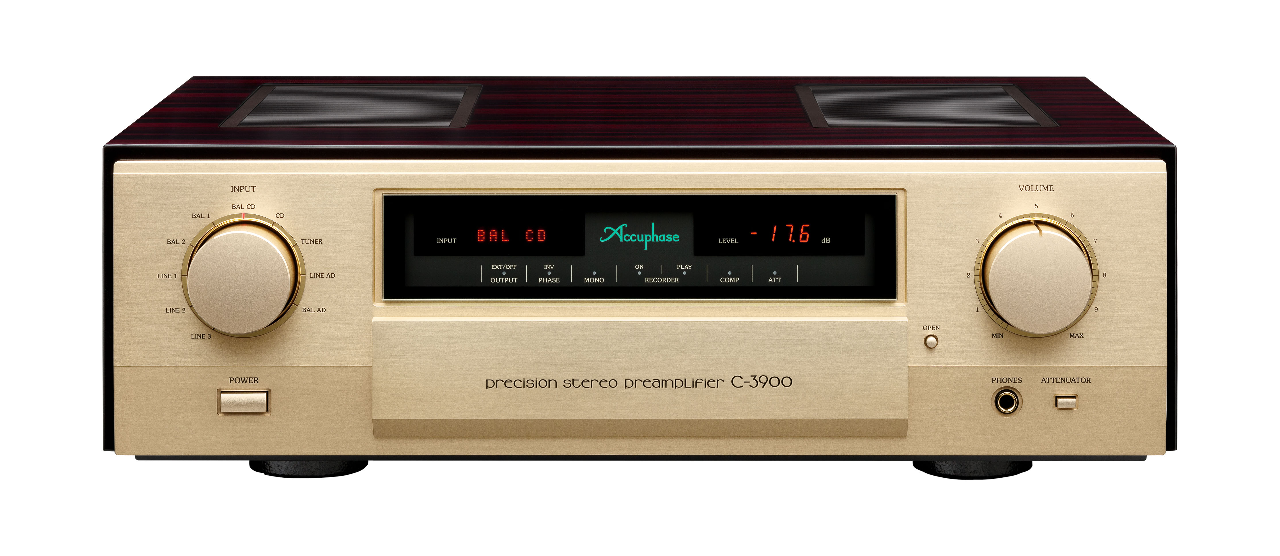 Accuphase C-3900 čelní panel v šampaňském zlatě s dřevěným topem a displejem hlasitosti