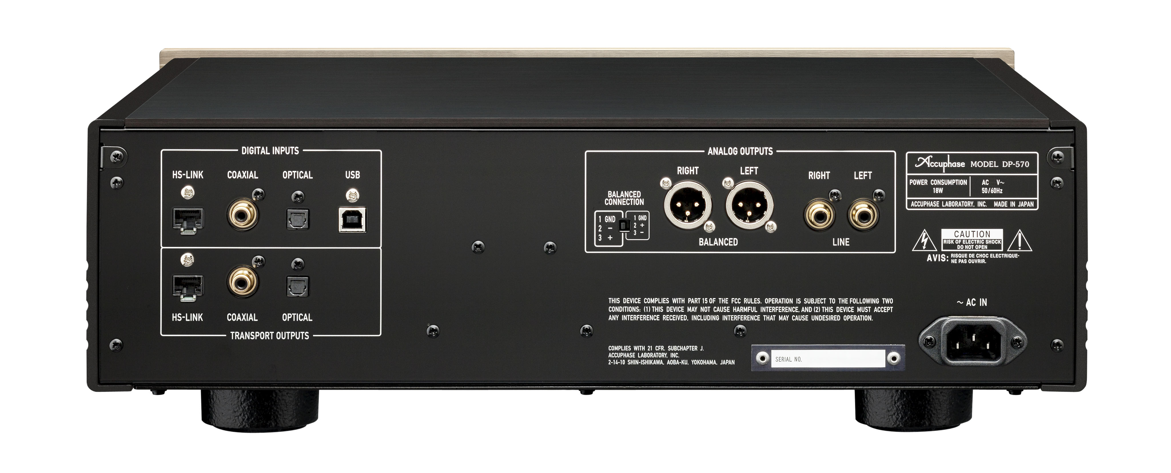 Zadní panel Accuphase DP-570 s digitálními vstupy HS-LINK, COAXIAL, OPTICAL a USB, symetrickými výstupy XLR a nesymetrickými LINE konektory RCA