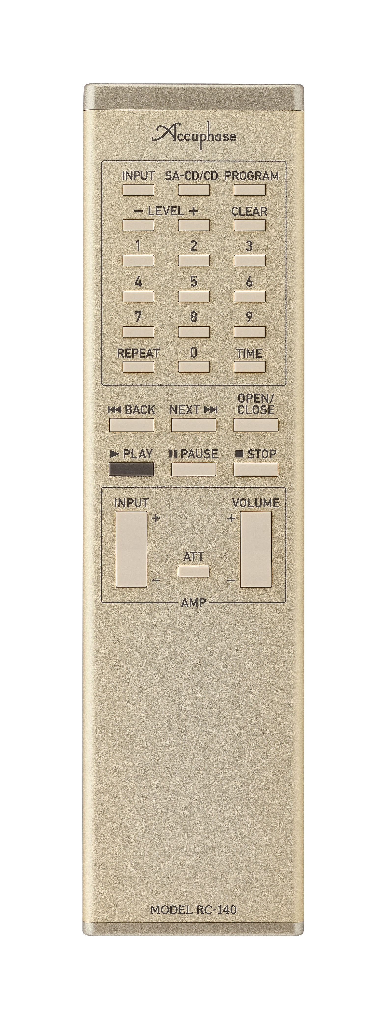 Šampaňský systémový dálkový ovladač Accuphase RC-140 s numerickou klávesnicí, ovládáním přehrávání a samostatnou sekcí pro hlasitost zesilovače