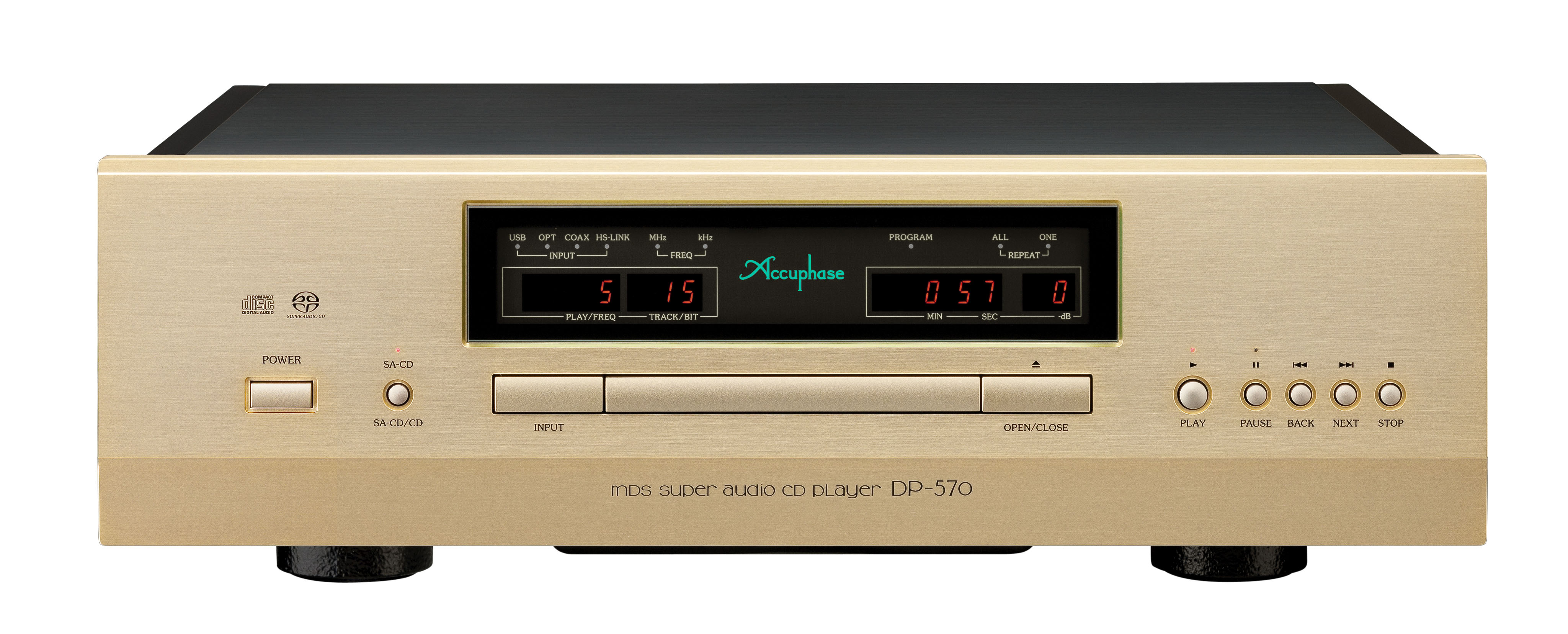 Čelní panel Accuphase DP-570 ve šampaňském provedení se dvěma displeji, tlačítky přepínání SA-CD/CD a ovládáním přehrávání