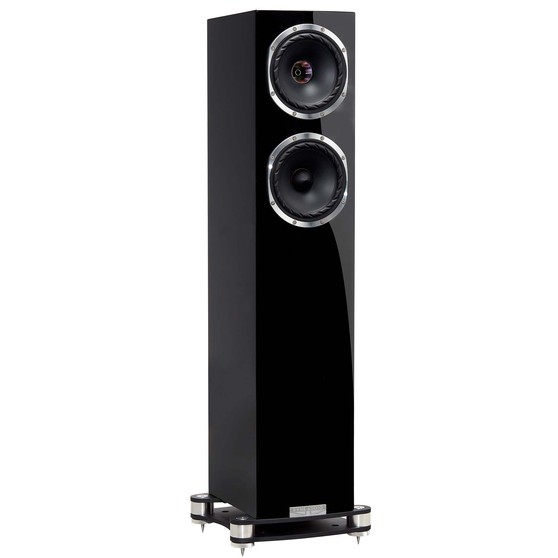 Pohled ze tří čtvrtin na Fyne Audio F501SP v černém klavírním laku se sejmutou mřížkou