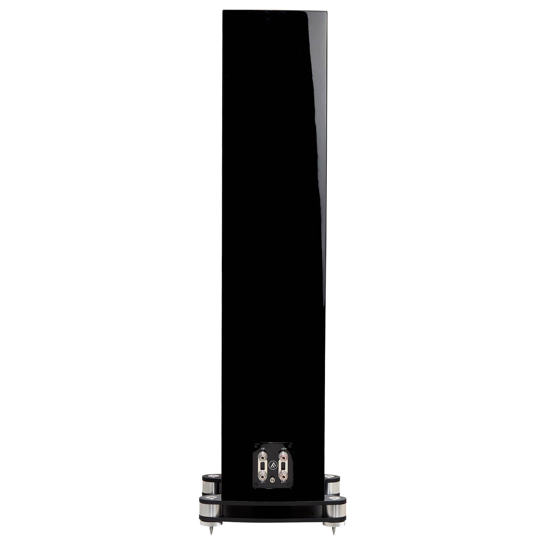 Zadní strana Fyne Audio F501SP v černém klavírním laku s bi-wire terminály