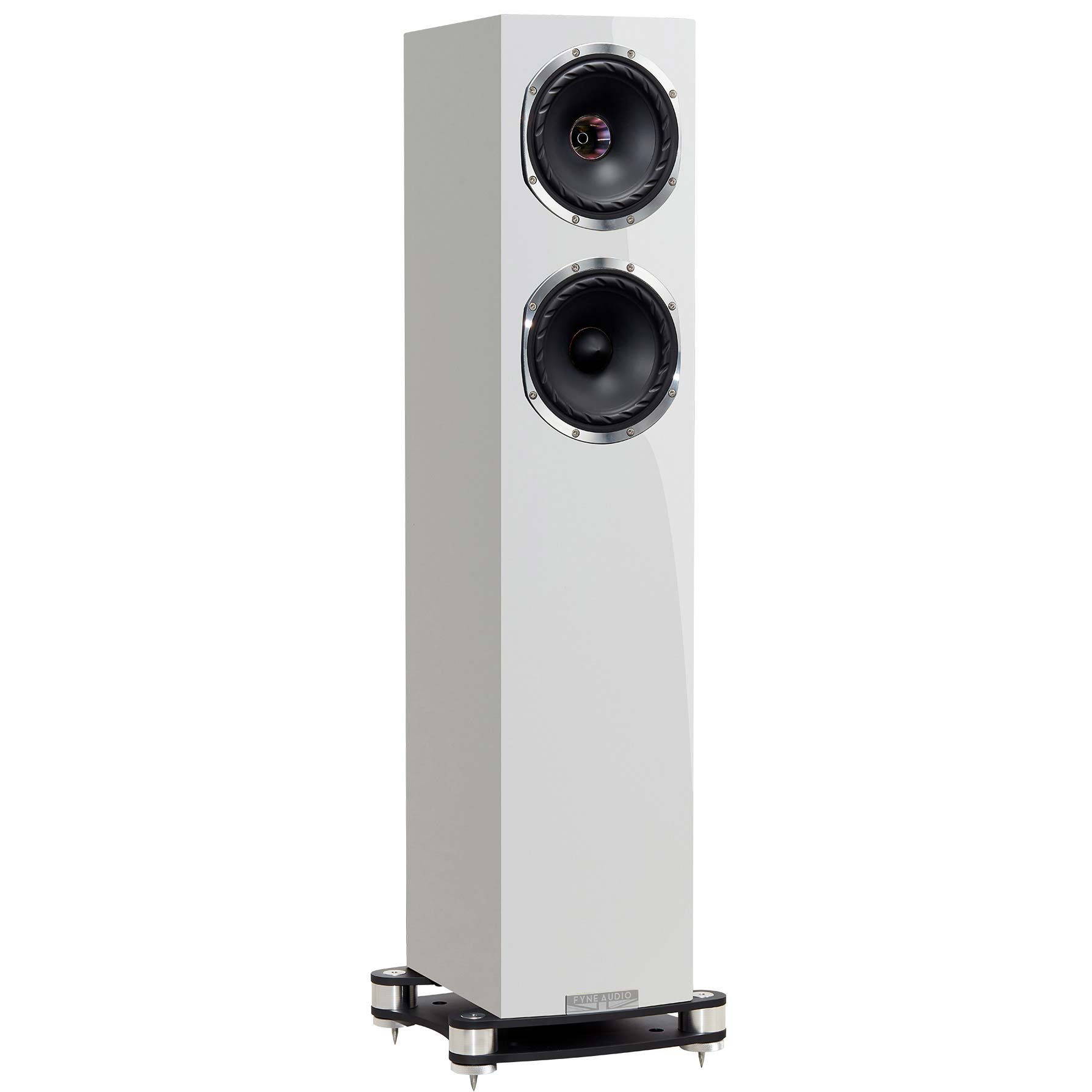 Fyne Audio F501SP v bílém klavírním laku, pohled ze tří čtvrtin