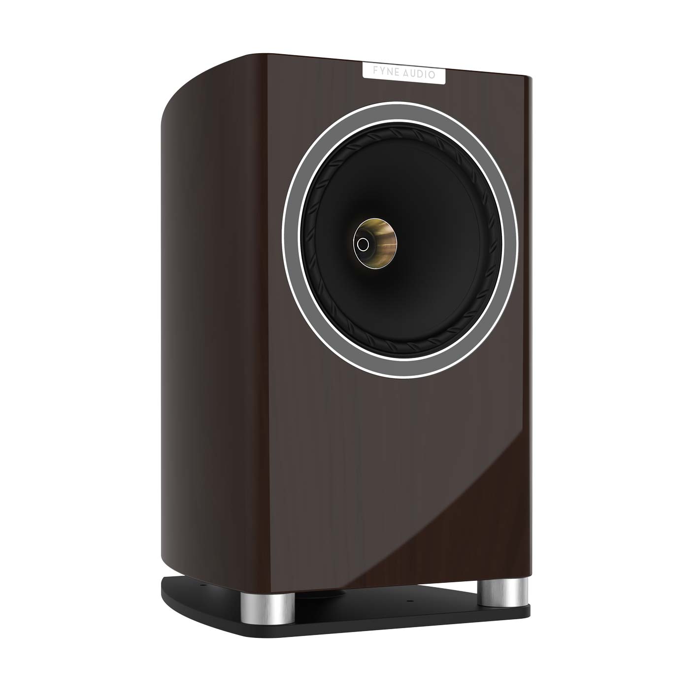 Fyne Audio F701 v gloss ořechu z tříčtvrtečního pohledu s velkým koncentrickým měničem IsoFlare a profilovanou základnou