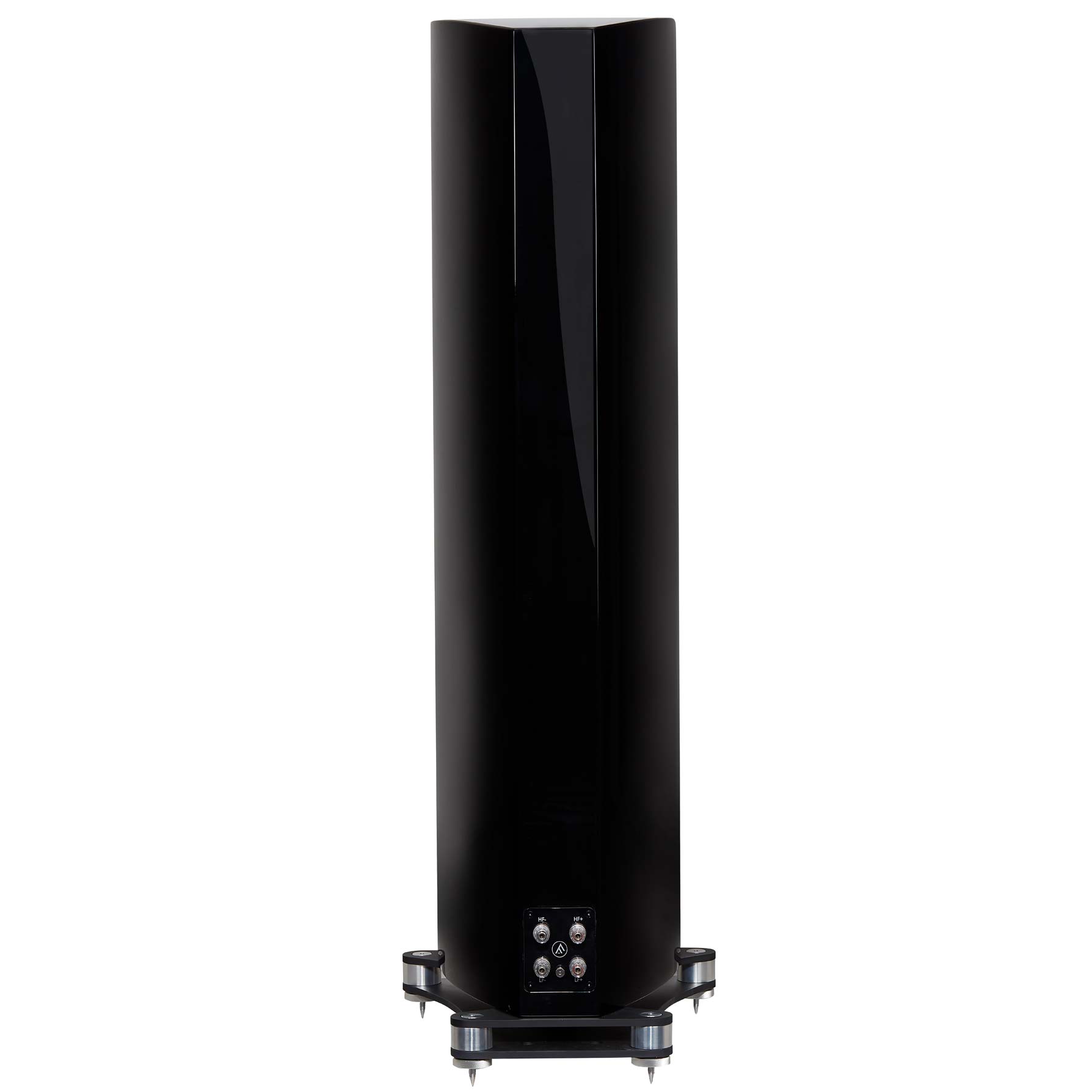 Zadní strana Fyne Audio F702 v černém klavírním laku s bi-wire terminály
