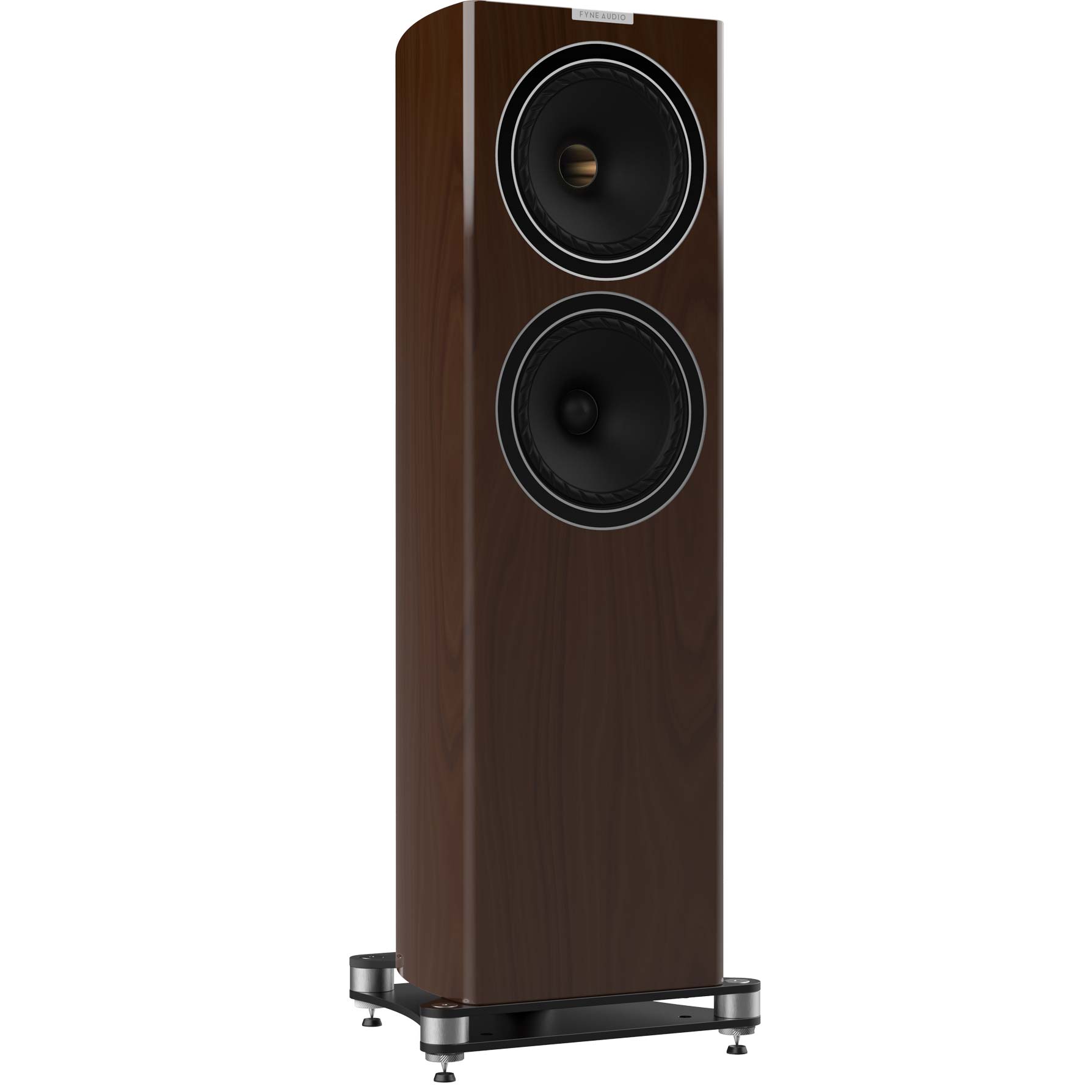 Sloupová reprosoustava Fyne Audio F703 v ořechové dýze ze tří čtvrtin s koncentrickým a basovým měničem na kovové základně
