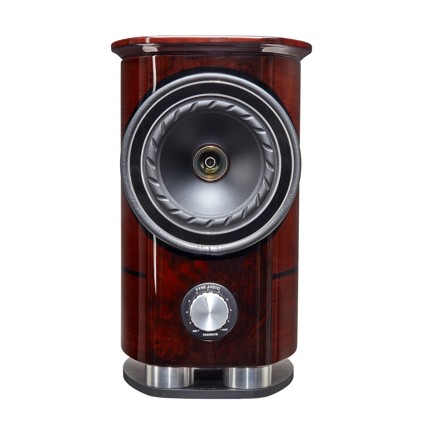 Detail čelní strany Fyne Audio F1-5 s koncentrickým měničem IsoFlare a regulátorem Presence