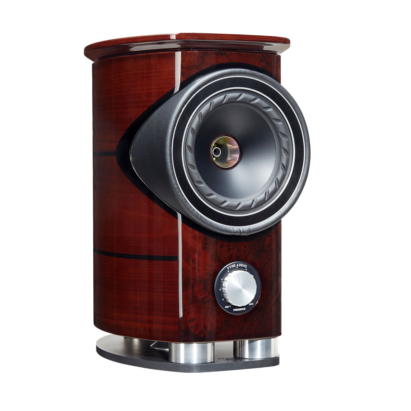 Fyne Audio F1-5 z tříčtvrtečního pohledu — leštěná dřevěná dýha, koncentrický měnič IsoFlare a kovová základna BassTrax
