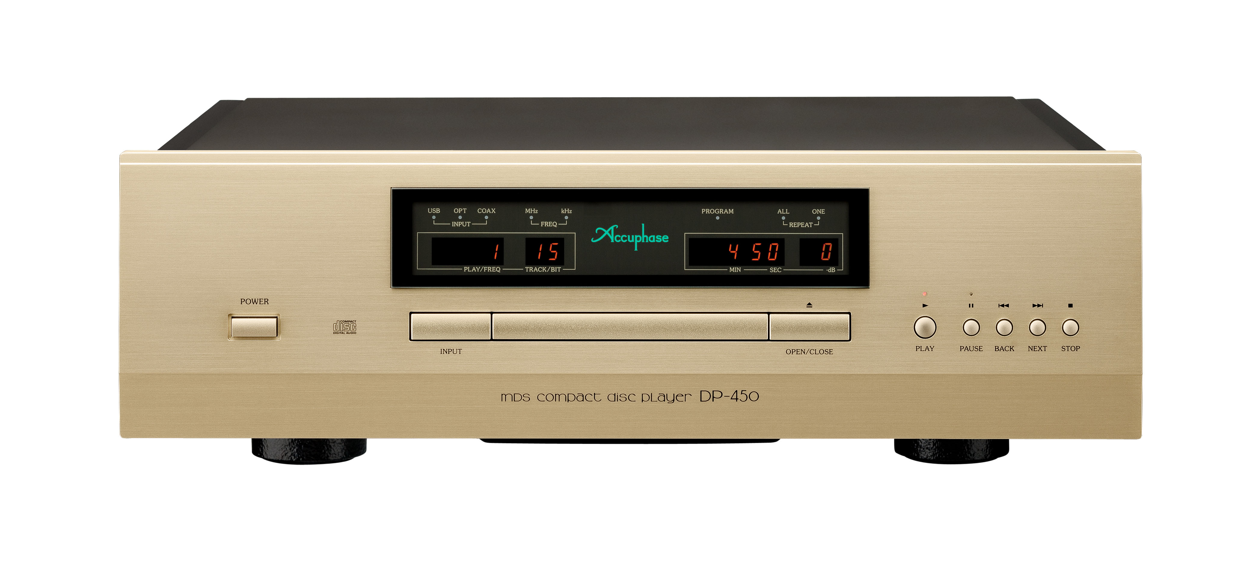 Čelní panel Accuphase DP-450 ve zlatém provedení s podsvíceným displejem