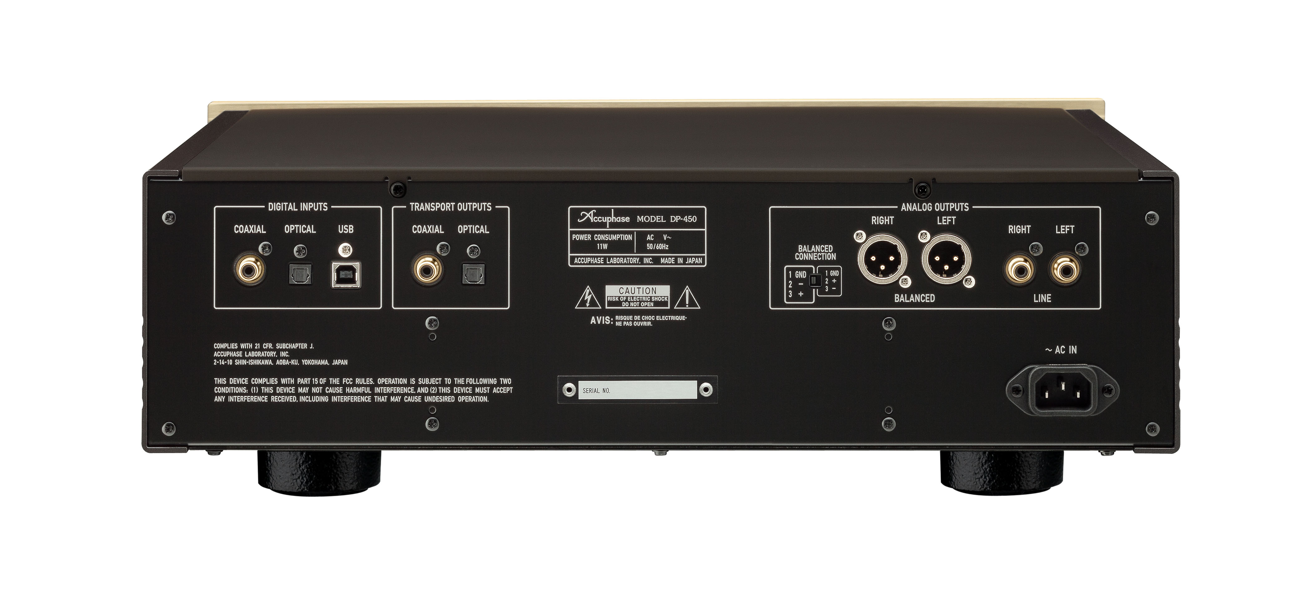 Zadní panel Accuphase DP-450 — digitální vstupy koaxiální, optický a USB-B, výstupy XLR balanced a RCA line