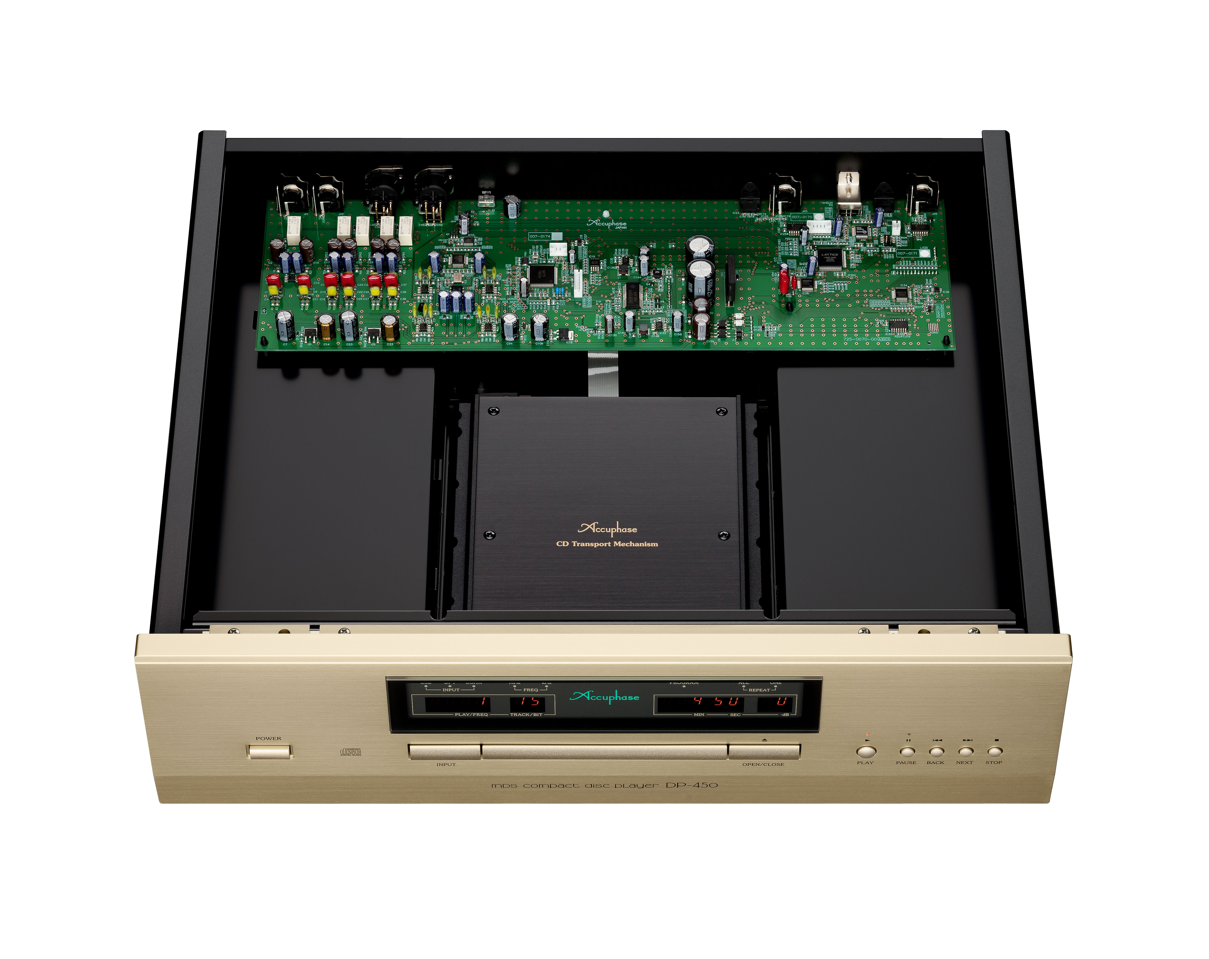 Accuphase DP-450 s odejmutým krytem — vlastní CD Transport Mechanism a převodníková deska