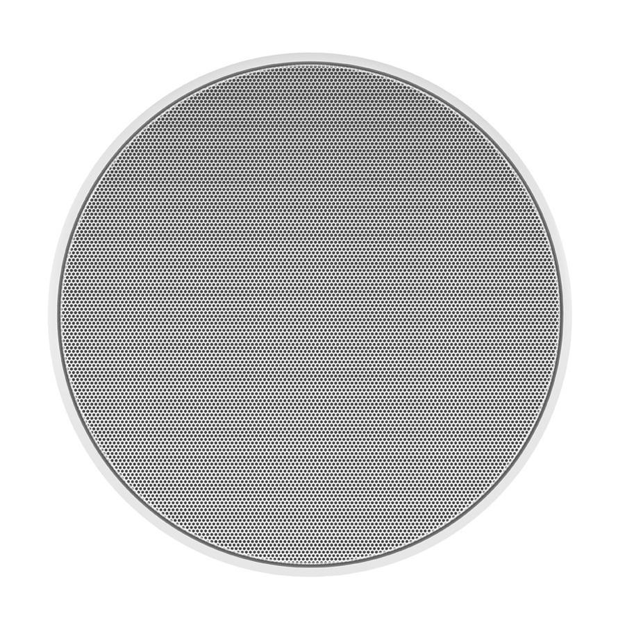 Detail bílé kovové magnetické mřížky KEF Ci 200QR, jemně perforovaný povrch