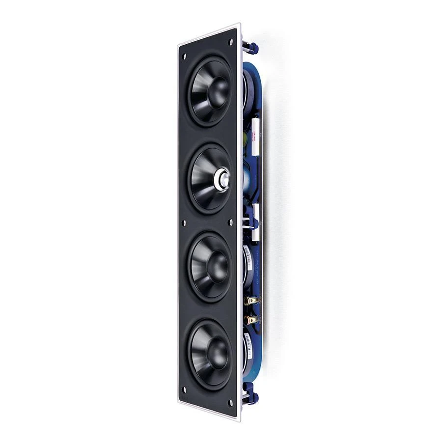 KEF Ci 4100QL THX z boku s odkrytými měniči a modrým chassis pro instalaci do zdi
